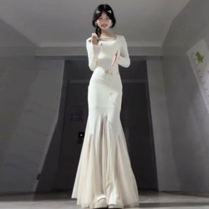 CHANGTONG | Elegant Knitted Fish Tail Dress Unique Stylish Midi Skirt Solid Color Pleated A Line Long Sleeve U Neck Midi Dress For Women