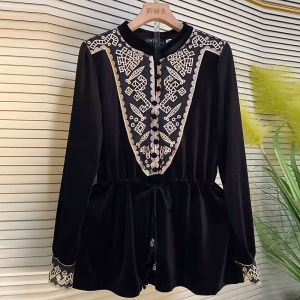 French Plus Size Womens Clothing Elegant Lightly Mature Slimming Youthful-Looking Patchwork Pattern Collar Cinched Drawstring Long Sleeves Black Tops
