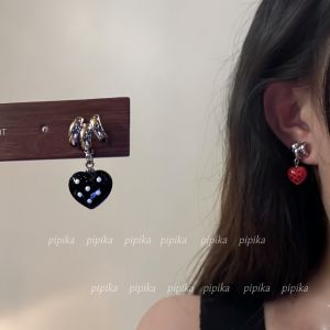 Original Design Sweet Black And Red Heart Polka Dot Earrings Womens Fashion Jewelry Simple High-End Versatile Silver Needle