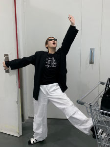 IAMFF Retro Work Pants Women Casual Wide Leg Trousers Spring Autumn New Style Individual Style American Vintage Cotton Blend