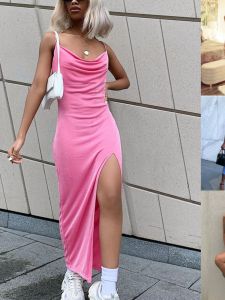 ชุดเดรสยาวเอวสูงแขนกุดไม่สมมาตร ผ้าโพลีเอสเตอร์ สไตล์ฤดูร้อน เดรสยาวทรงเอ เดรสยาวปานกลาง