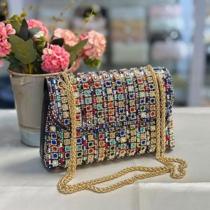 Tas Pesta ALICIA Embellished Crystal Box Clutch - Emas Perak Berwarna-warni - Cocok untuk Acara Formal