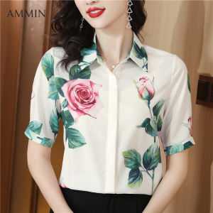 AMMIN 2023 new summer lapel fashion rose print Short sleeve Plus size S-3XL chiffon shirt Womens Korean style raglan sleeve single breasted floral print commuter elegant blouse
