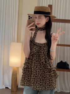 ZHILU | Unique Design Summer Leopard Print Top with Ribbons and Ruffles