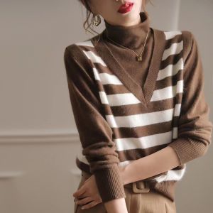 ฤดูใบไม้ร่วง ฤดูหนาว คอสูง ถัก เสื้อสเวตเตอร์ Outlet Clearance Brand Inner Wear Striped Color Block หลวม Fit Long Sleeve เสื้อสวม