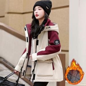 แจ็คเก็ตบุขนแกะแฟชั่นสีบล็อกหนาสำหรับผู้หญิงฤดูหนาวปี 2025 เสื้อแจ็คเก็ตแบบมีฮู้ดแบบลำลองแบบใหม่พร้อมซิป