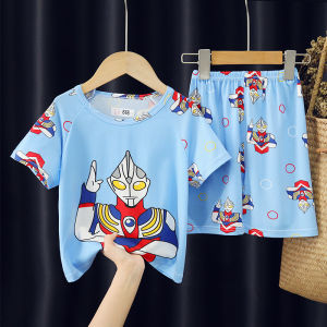 ชุดนอนเด็กชายแขนสั้นฤดูร้อน ชุดนอนผ้าฝ้ายระบายอากาศได้ดี ชุดอยู่บ้านลายการ์ตูนอุตมะมันสำหรับเด็กชายและเด็กหญิง