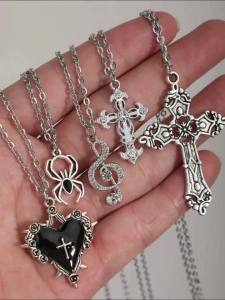 Bộ 5 Dây Chuyền Mặt Dây Chuyền Phong Cách Gothic Cổ Điển Đính Đá Giả Kim Cương Hình Chữ Thập Hoa Hồng Trái Tim Nốt Nhạc Nhện Thẩm Mỹ Y2K Dành Cho Nữ