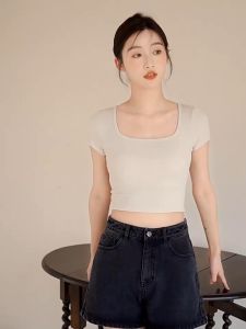 【SG stock】 Premium Square Neck Cropped Bra Top Padded Top T-shirts Short Sleeves Crop Top bt51