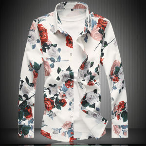 Mens Long Sleeve Floral Shirt Elastic plus Size Casual Trendy Spring Autumn New Style Polyester Spandex Polyester Fiber Resistant to Fading And Deformation
