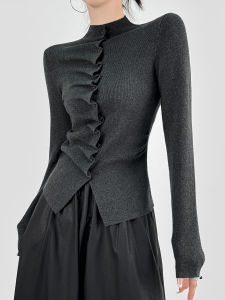 Double Z Vintage Button up Pleated Knitwear Womens Autumn Winter High Collar Slit Slim Fit Base Layer Top Casual Style Soft Cotton Blend