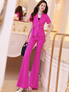 MUBEELE | Fashionable Short Sleeve Suit Jacket And Micro Flared Pants Womens Two-Piece Set Casual Elegance Professional Wear Summer Outfit