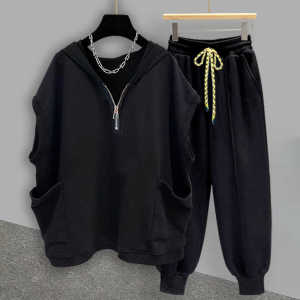 Trendy Sports Sleeveless T-shirt Suit Mens Summer Trendy Thin Loose Easiest for Match Double Pocket Hooded Waistcoat Vest