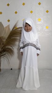 Gamis Anak Perempuan Lebaran free khimar usia 2 sampai 10 tahun putih