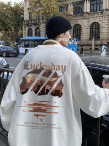 Mens Sweatshirt Long Sleeve round Neck Print Base Layer Shirt Loose Fit Autumn New Style American Style Top Casual Wear