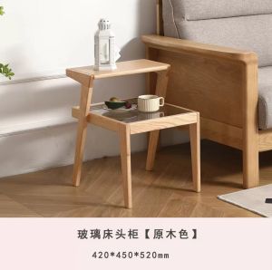 Full Solid Wood Bedside Table Modern Simple Bedroom Oak Wood Side Table Glass Storage Tray No Assembly Required