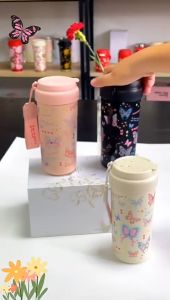 550ML Large Capacity Coffee Cup Girls Summer Portable Ceramic Thermos Cup ins Butterfly Outdoor Straw Cup Student Cup Water cup