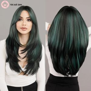 Dài Thẳng Ombre Tóc Giả Có Màn Nổ Xanh Nổi Bật Tổng Hợp Mật Độ Cao Màu Đen Tóc Cấp Nhuộm Cho Nữ Cosplay Halloween