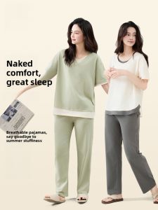 Miiow | Cat Lady Summer Sleepwear Set Womens Pure Cotton Short Sleeve Loose Thin Home Clothes Comfortable Breathable Long Pants