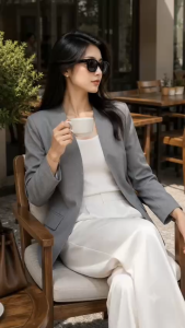 Áo blazer xám công sở Kèm Quần Trắng ống suông thanh lịch