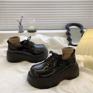 Black Thick Bottom Loafers Womens Heightening JK Platform Shoes Retro British Style Flat Knot Tassel round Toe Rubber Sole