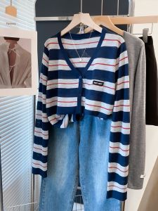 JIANDIYA | Stripe V-Neck Relaxed Style Cardigan Sweater