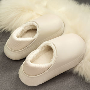 Womens Cotton Slippers Winter Indoor Outdoor Wear Thick Bottom Waterproof Non-Slip Home Warm Fleece Booties Flat Heel