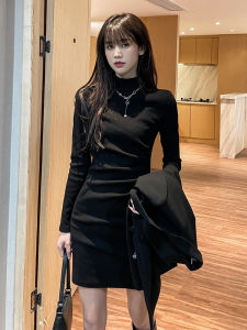 Womens Fleece Lined Mini Dress High Neck A-Line Silhouette Korean Style Commute Pure Color Autumn Winter Slimming Base Layer