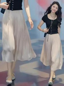 Elegant Gold Sandflowery A-Line Mini Skirt for Women Summer Slimming Fairy Gown Skirt Draping Swish High Waist Korean Style