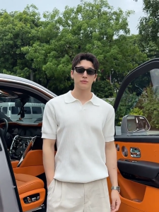 Mens collar short sleeved polo shirt solid color simple and slim fit daily casual top