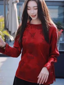 Red Embroidered round Neck Shirt Womens Spring Summer Fashion Commute Loose Fit Long Sleeve Chinese Style Gauze Spring New Year Top