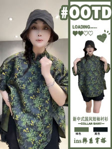 Retro Chinese Style Floral Print Short Sleeve Loose Womens Shirt Summer Casual Split Slant Button up Top Commute Fashion