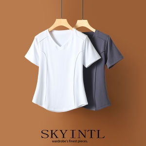 Slim Fit V-Neck Knitwear Short Sleeve Womens T-Shirt Fishbone Pattern White Color Summer Fashion Casual Commute Style Pure Cotton