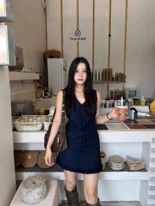 Tall Womens Blue Summer Dress High Waist Tie Waist Sleeveless V-Neck Vest Short Skirt A-Line Silhouette Casual Commute Style
