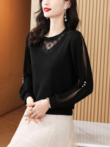 เสื้อยืดคอกลมแขนยาวทรงหลวมสำหรับผู้หญิง ทรงหลวม ทรงเข้ารูป สีดำ เสื้อชั้นใน แฟชั่นสตรีท สไตล์ไฮเอนด์ ทรงเข้ารูป