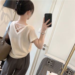 French Style Ice Silk Knitted T-Shirt Womens Summer Loose Fit Short Sleeve Slimming Top V-Neck Casual Wear Pure Color