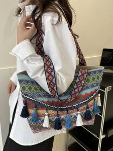 Fashionable Tassel Womens Handbag Ethnic Style Large Size Shopping Bag Shape Soft Fabric Shoulder Bag for Casual Occasions