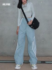 HOLIVIBE Original Design Reflective Curve High Waist Wide Leg Paratrooper Pants Workwear Loose Slimming Casual Trousers
