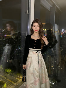 ชุดเดรสยาวผ้ากำมะหยี่ไหมสีทองหรูหราสไตล์ฝรั่งเศส ชุดเดรสยาวปานกลางผ้ากำมะหยี่ไหมสีทองสำหรับผู้หญิงในฤดูหนาว ชุดเดรสยาวปานกลาง