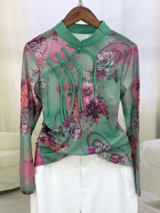 New Chinese Style Womens Reformed Cheongsam Top Lace Mesh Base Shirt Long Sleeve Vintage Sensation Printed Cloth Commute