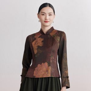 Autumn Winter Ladies Silk Shirt Xiangyun Silk Traditional Method Peony Pattern Business Commute Style Long Sleeve Slim Fit