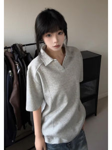 Light Grey V-Neck Short Sleeve Polo Shirt Mens Summer Trendy High-End Feel American Shoulder Patchwork T-Shirt Top