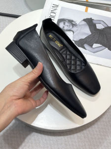 Soft Leather Flat Bottom Work Shoes Square Head Commuter Office Shoes Low Heel Women Black Comfortable Single Shoes