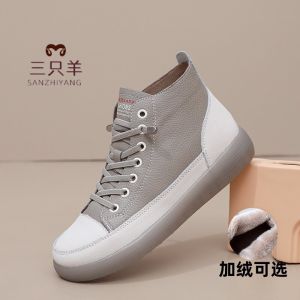 Real Leather Martin Boots High Top Womens Shoes Soft Bottom Cotton Single Shoes Three Sheeps Shoes Casual Color Block