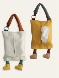 Cute Doll Hanging Paper Towel Storage Box Fabric Drawstring Tissue Holder Car Interior Decorative Armrest Box Korean Style