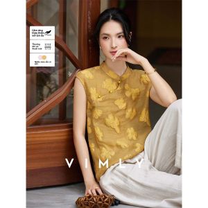 Vimly | Áo Sơ Mi Mới Phong Cách Trung Quốc Có Họa Tiết Hoa 3D Màu Vàng