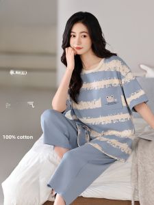 Miiow | Pure Cotton Womens Sleepwear With Chest Pad Loose Short Sleeve Seven-Piece Pants Set Suitable For Outdoor Summer Home Clothes