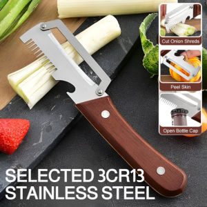 Multifunction Vegetable Peeler 3-in-1 Wooden Handle Peeling Knife with Serrated Blade and Bottle Opener Kitchen Gadget for Fruit