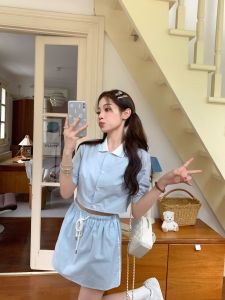 Ffblue ผ้าฝ้าย แขนสั้นคอโปโล เสื้อท่อนบน สูง เอว กระโปรงทรงเอ สไตล์สปอร์ต ชุดทูพีซสไตล์สําหรับหญิงสาวอายุ 18-25 ปี