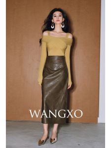 Wangxo | Light Oil Wax Grain Metal Wire Eco-friendly Leather | 3-Way Manual Division | High Waist Package Hip Skirt